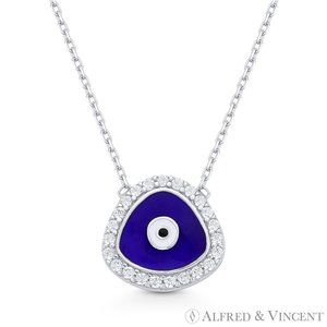 Evil Eye Enamel & CZ Crystal Pave Pendant Turkish Nazar Sterling Silver Necklace